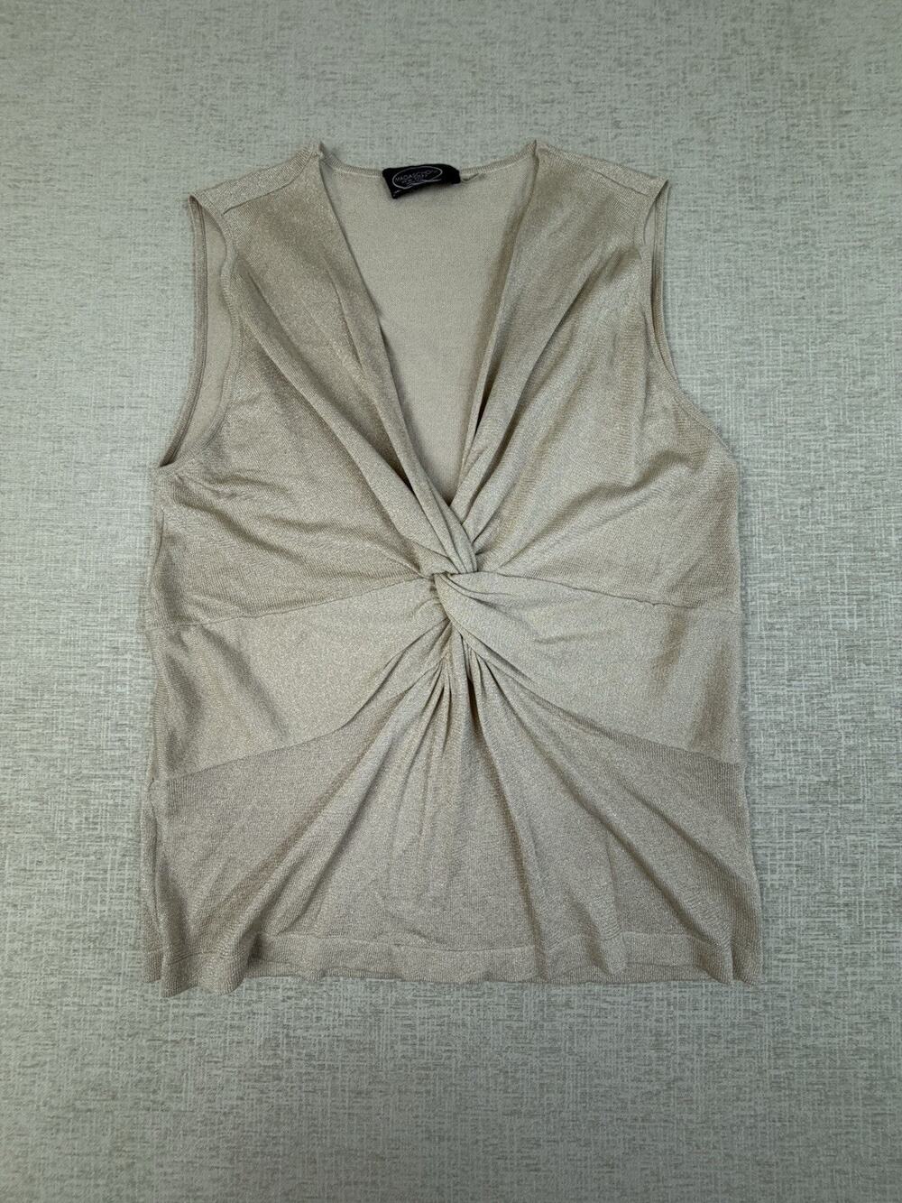 Magaschoni Women’s Large Silk Blend Metallic Gold Twist Front Sleeveless Top